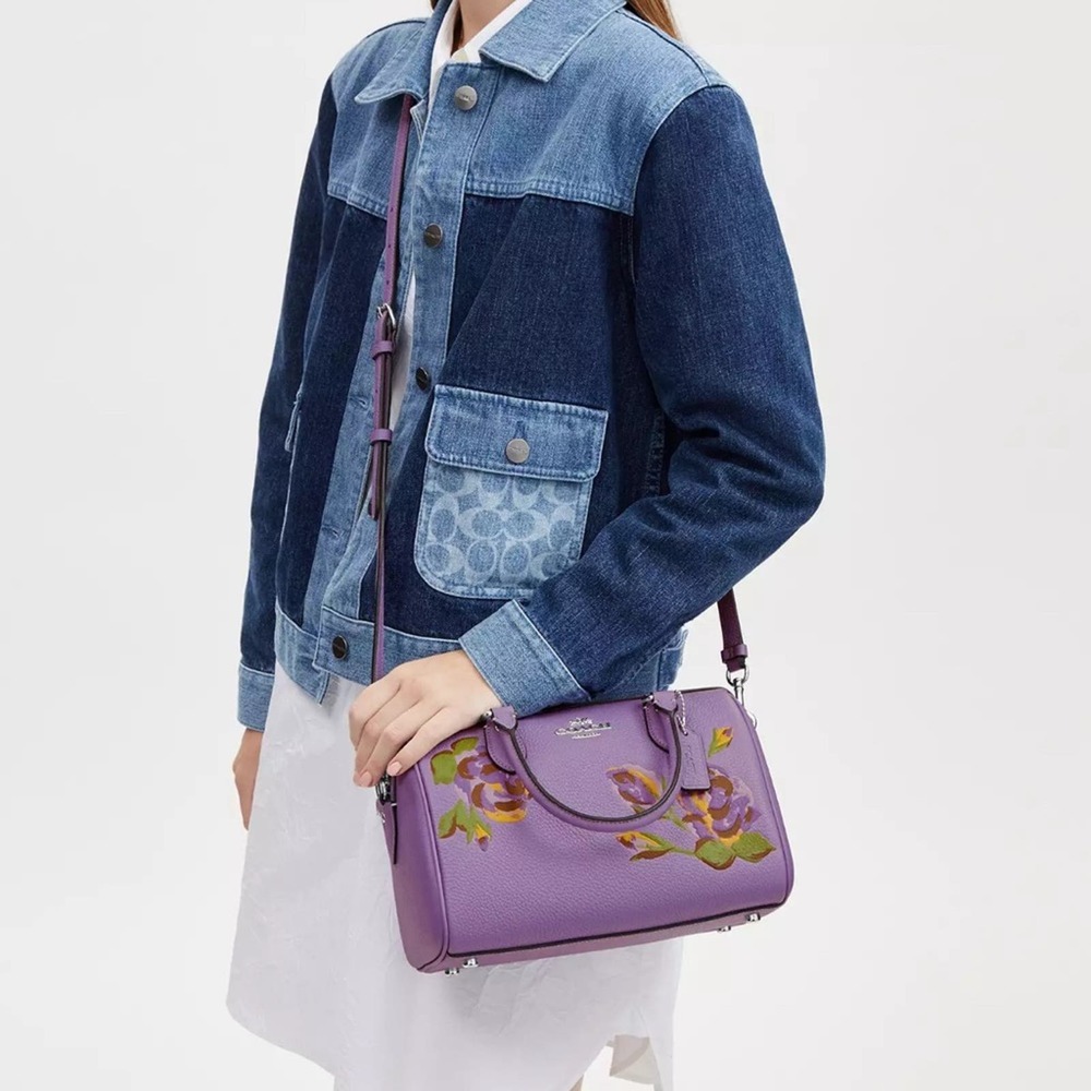 NWT Coach Rowan Satchel With Rose Print/ Refined Pebble Leather/Purple - Picture 7 of 10
